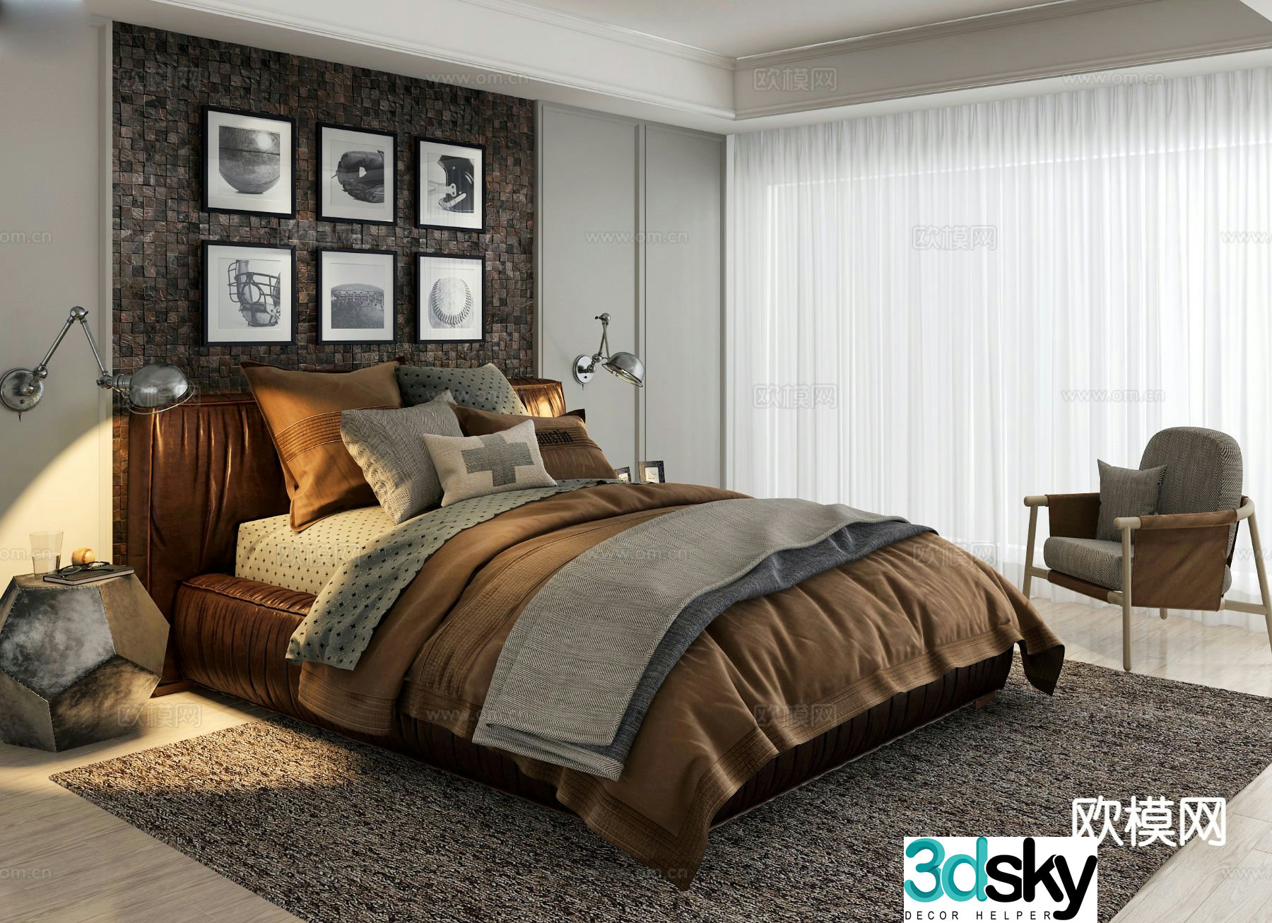 American double bed leather bed 3d model