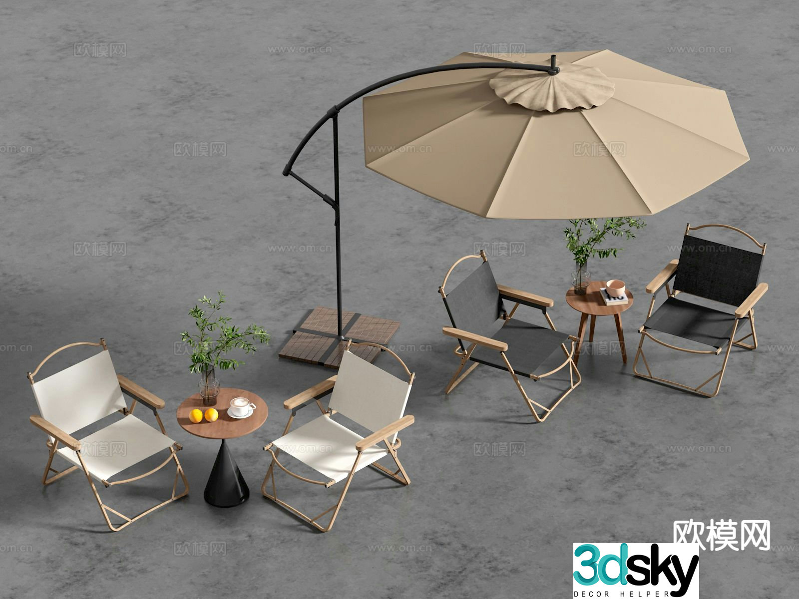 Outdoor tables and chairs camping chairs parasol 3d model