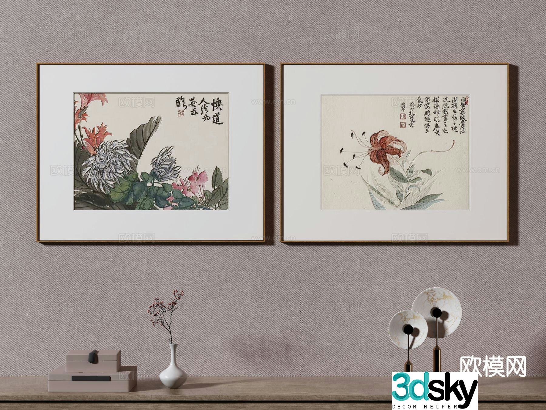 New Chinese style flower painting decorative painting 3d model
