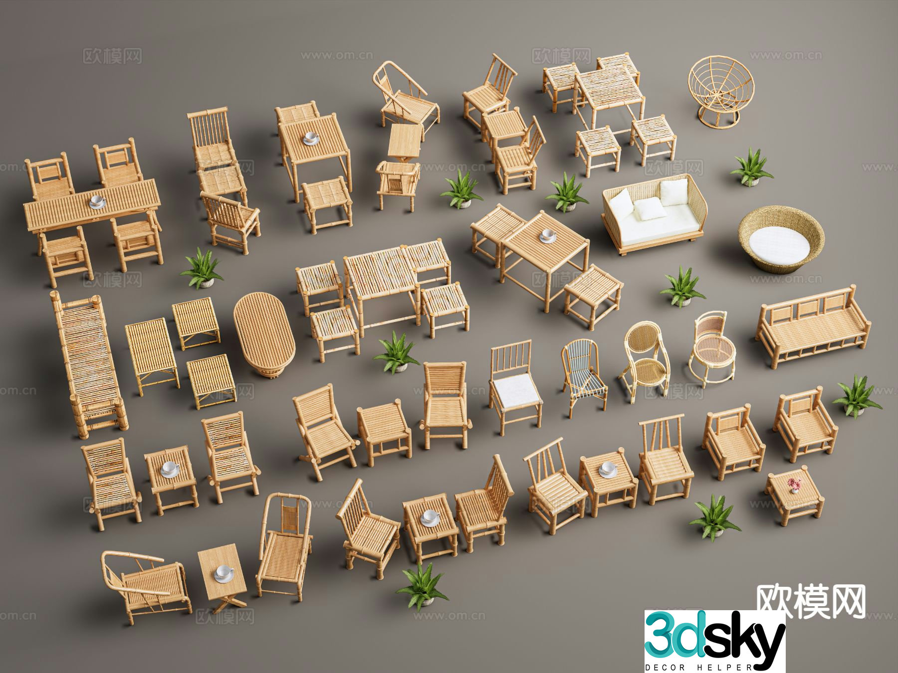 New Chinese style bamboo tables and chairs outdoor tables and chairs 3D model