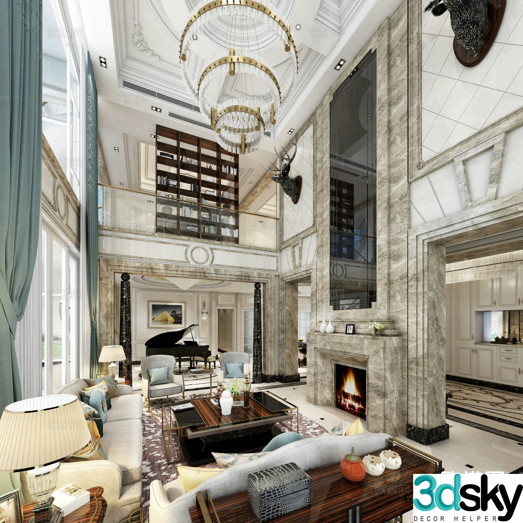 European style villa living room 3d model of villa lobby