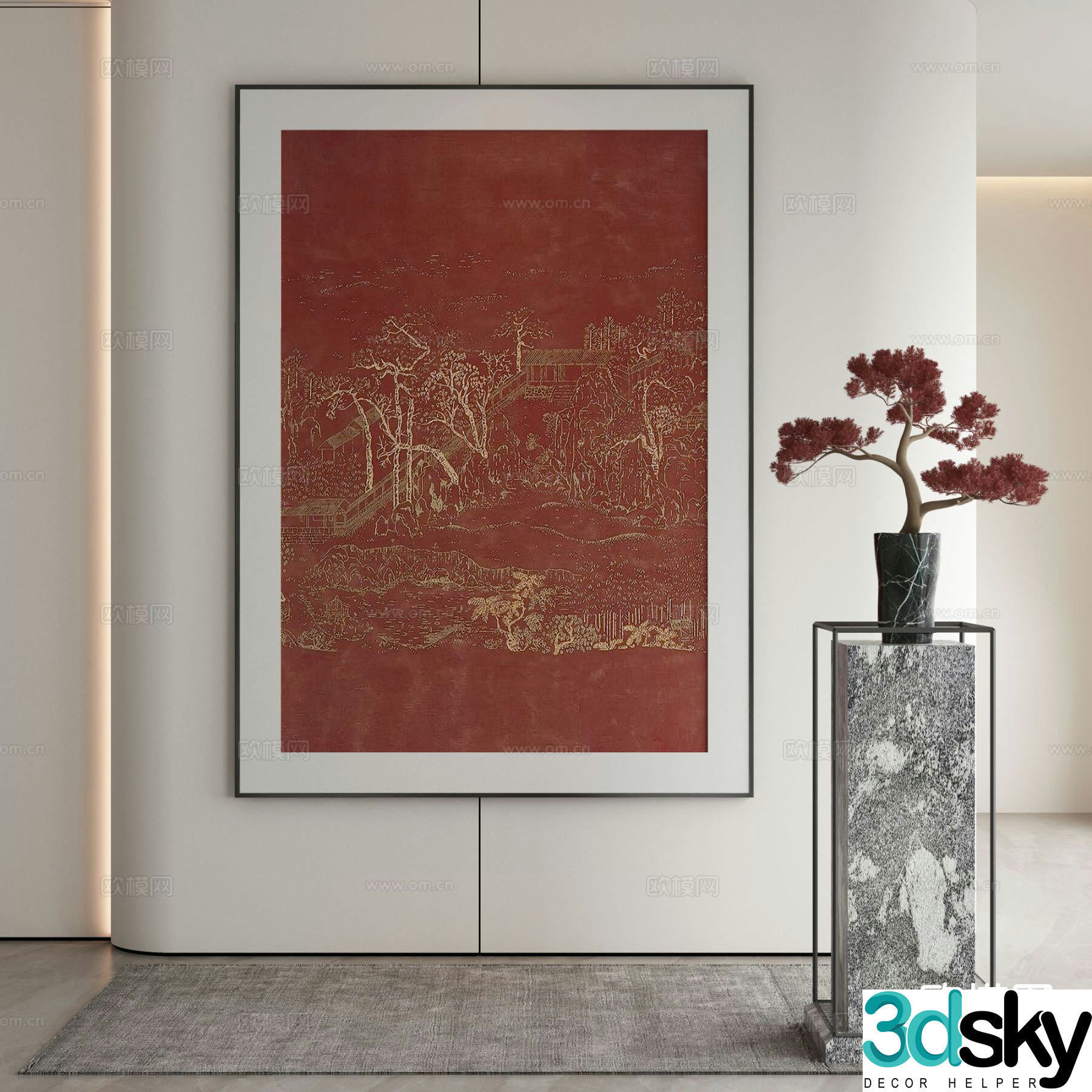New Chinese style decorative painting Zen architectural painting 3D model