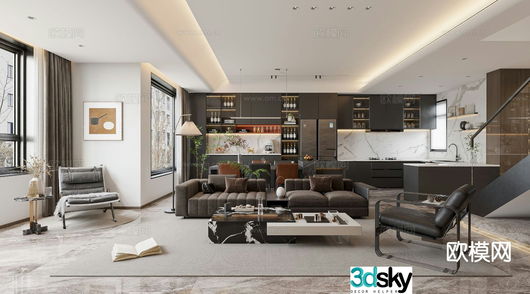 Modern duplex living room large flat floor 3D model