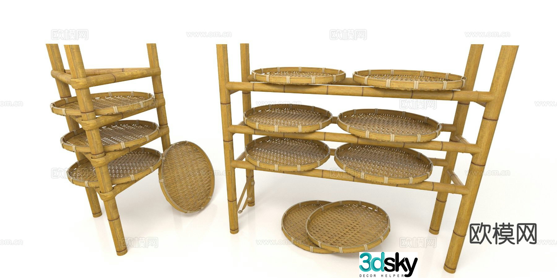 Chinese style bamboo dustpan shelf 3d model