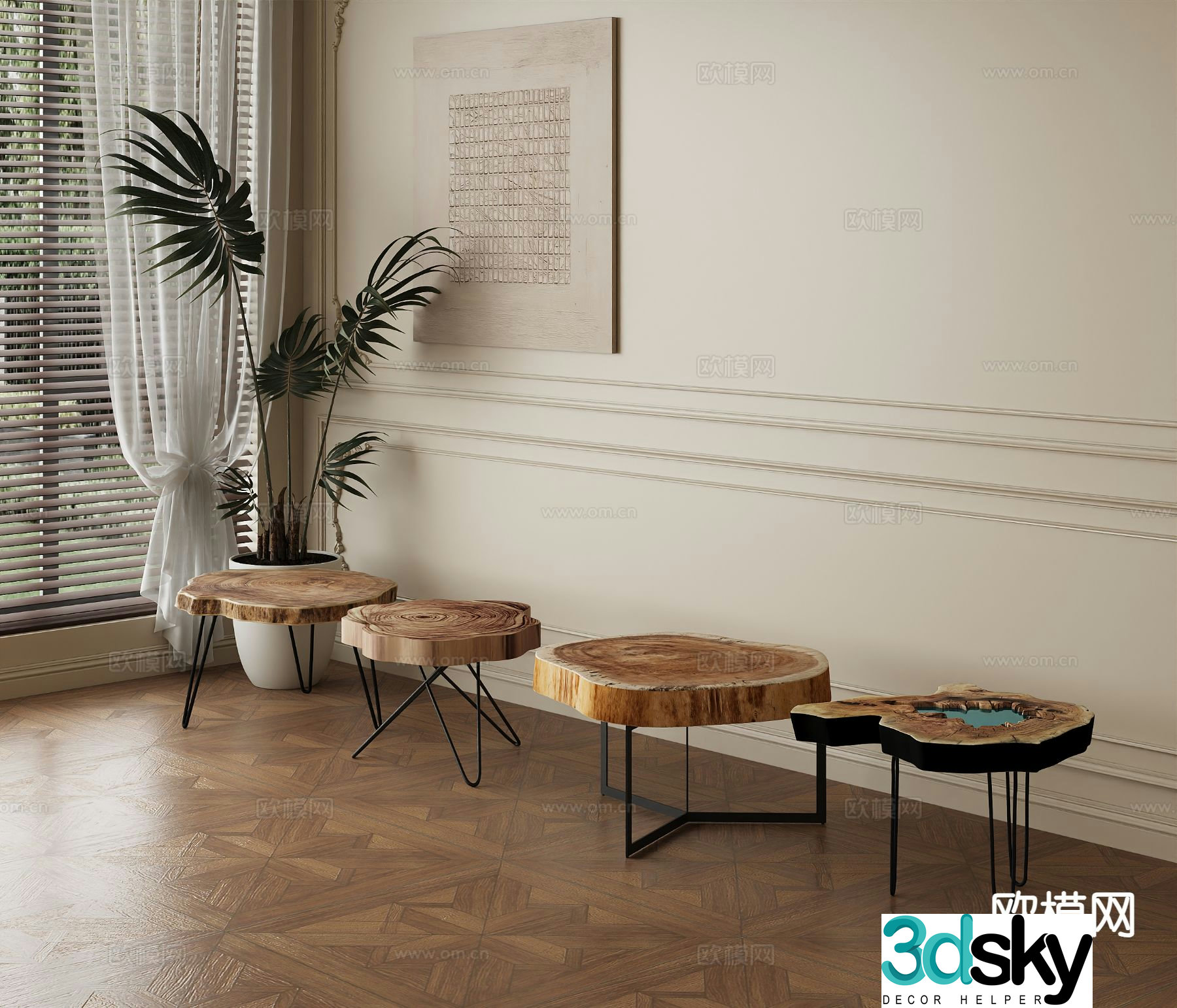 Wabi-sabi side table round table log table 3D model