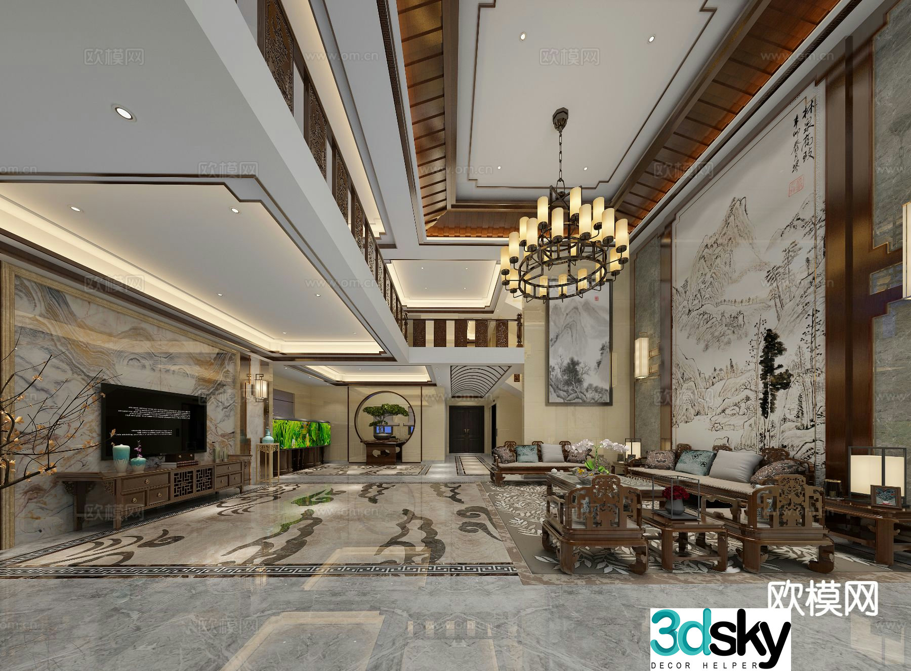 Traditional Chinese living room villa lobby 3D model