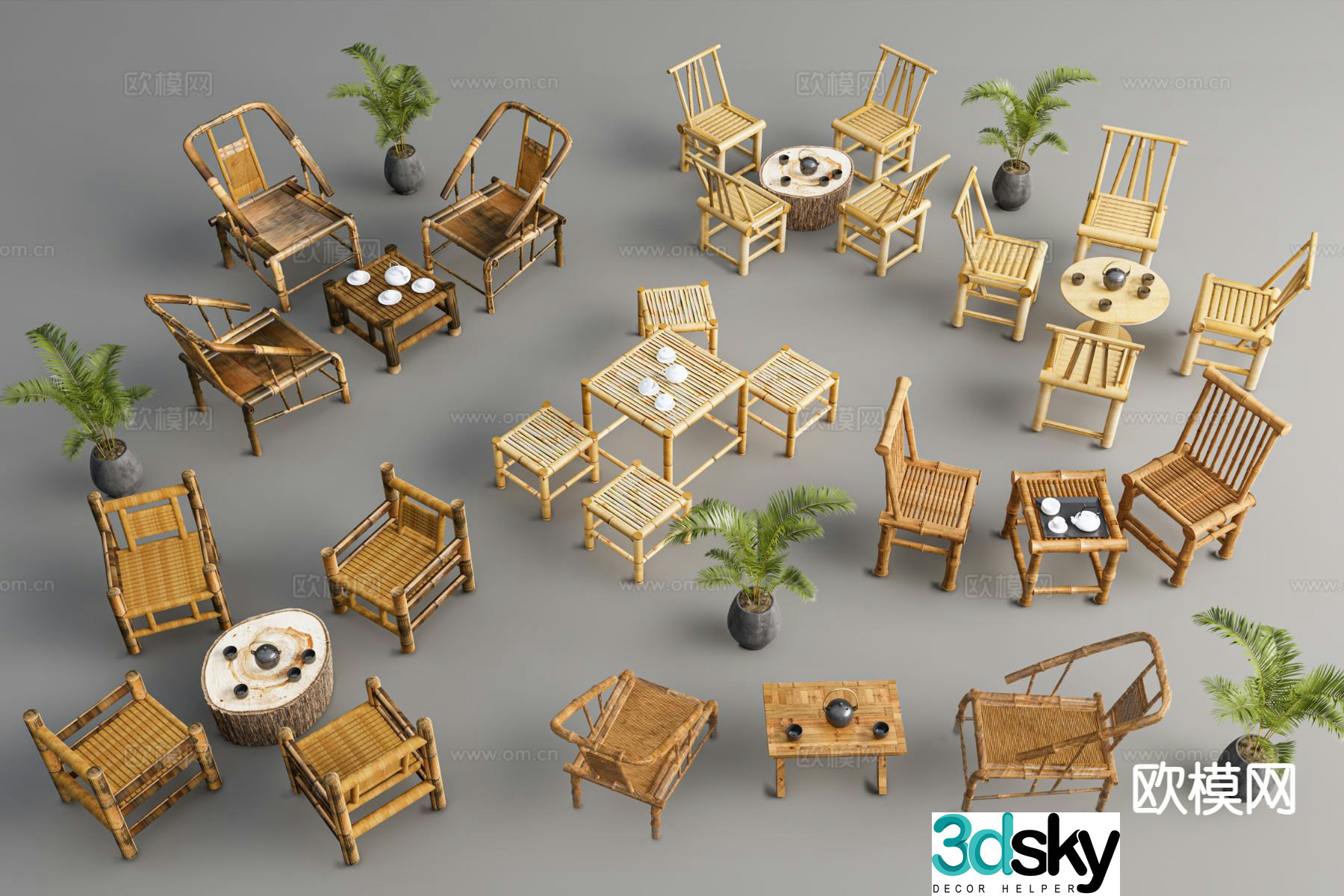 New Chinese style bamboo tables and chairs outdoor tables and chairs 3D model