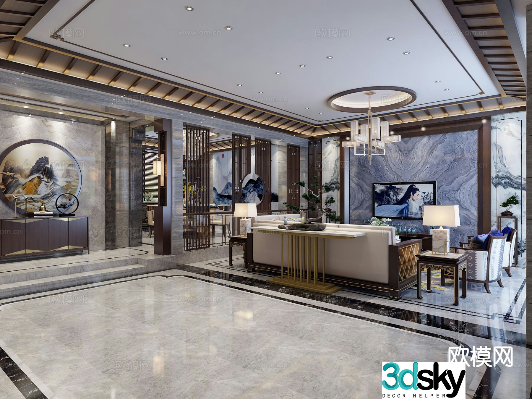 New Chinese style guest restaurant villa living room 3D model