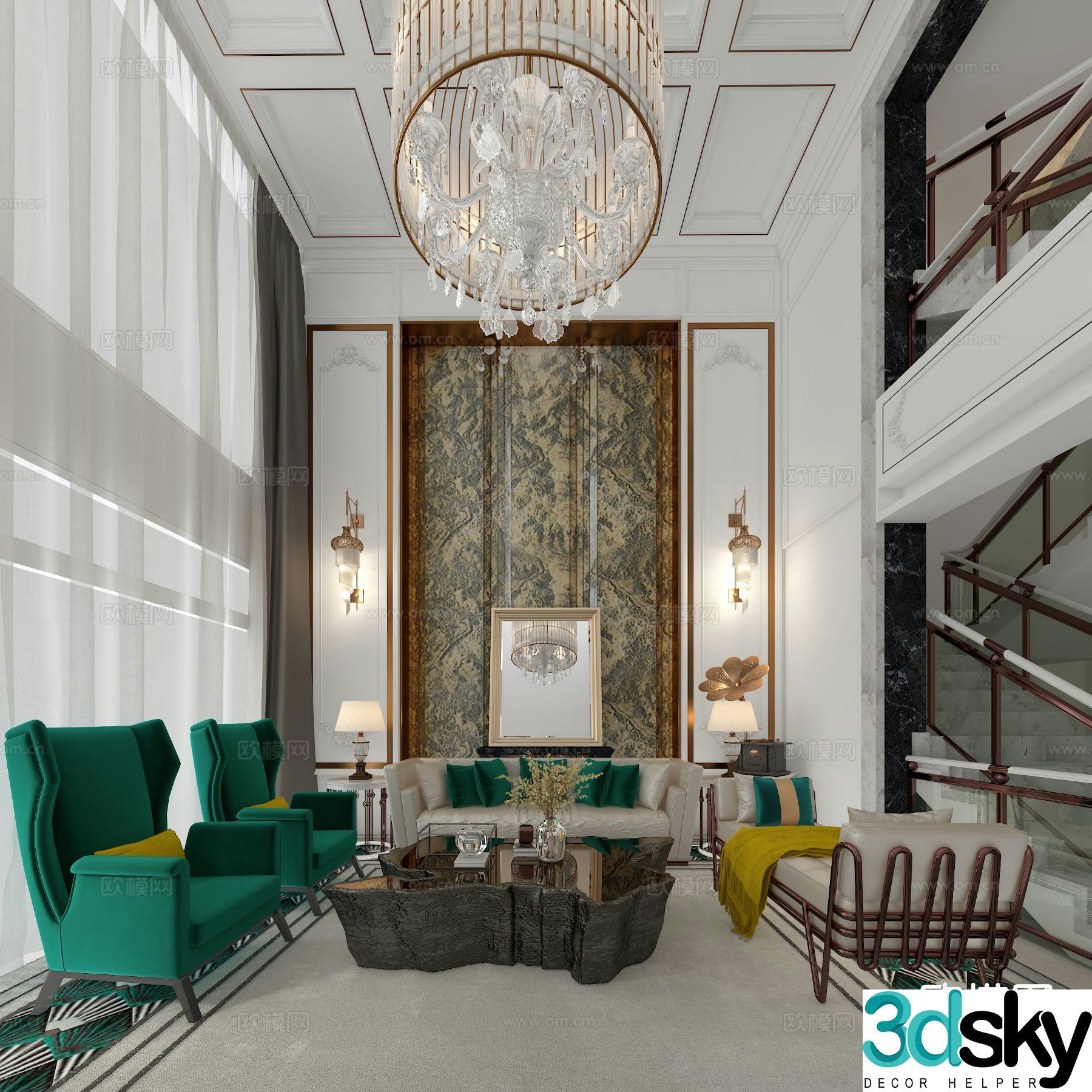 3D model of living room in simple European villa