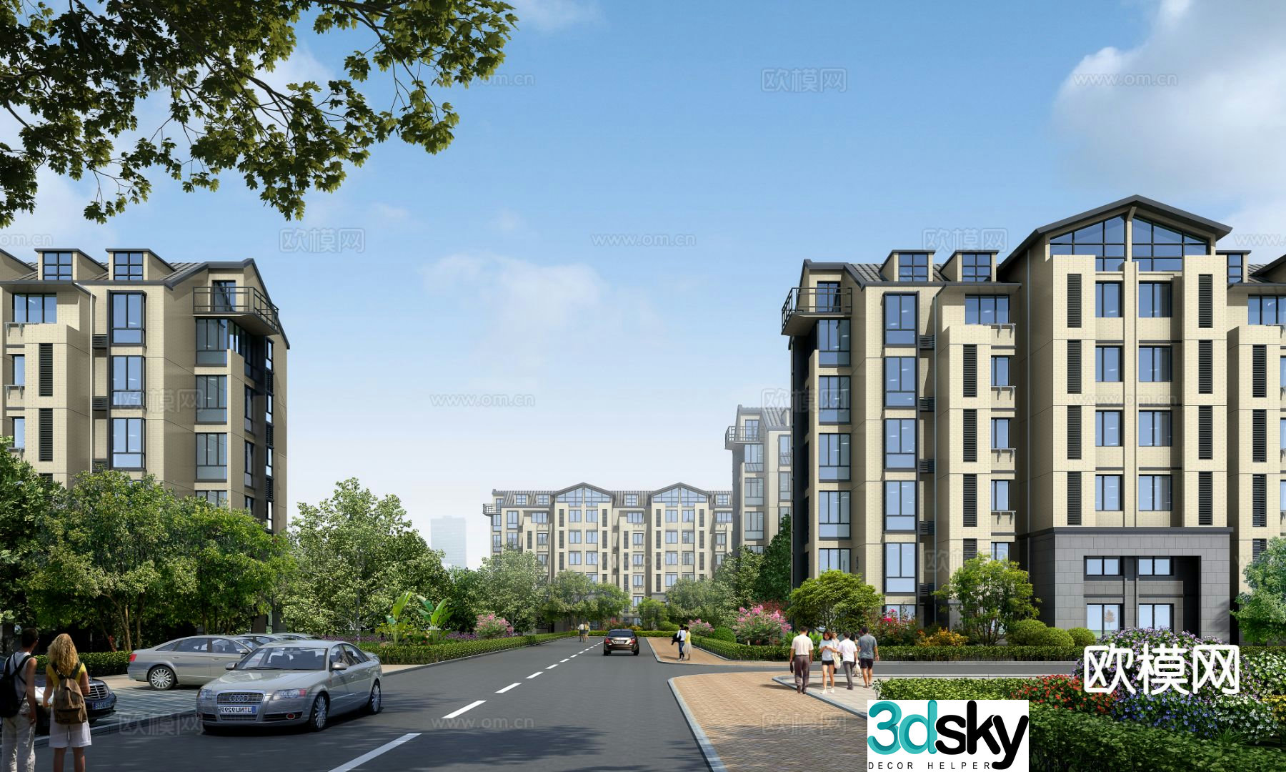 New Chinese style multi-story residential building community landscape 3D model