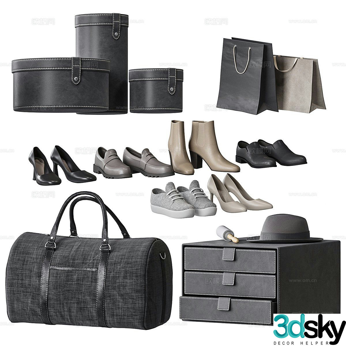 Modern luggage shoes hat 3d model