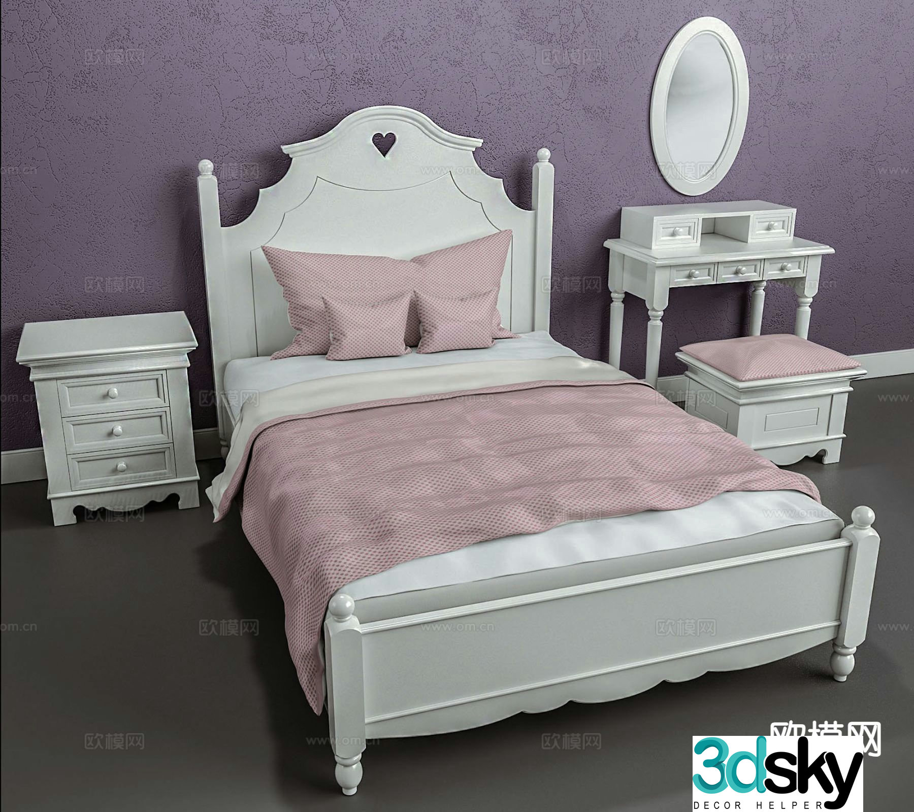 French double bed 3d model