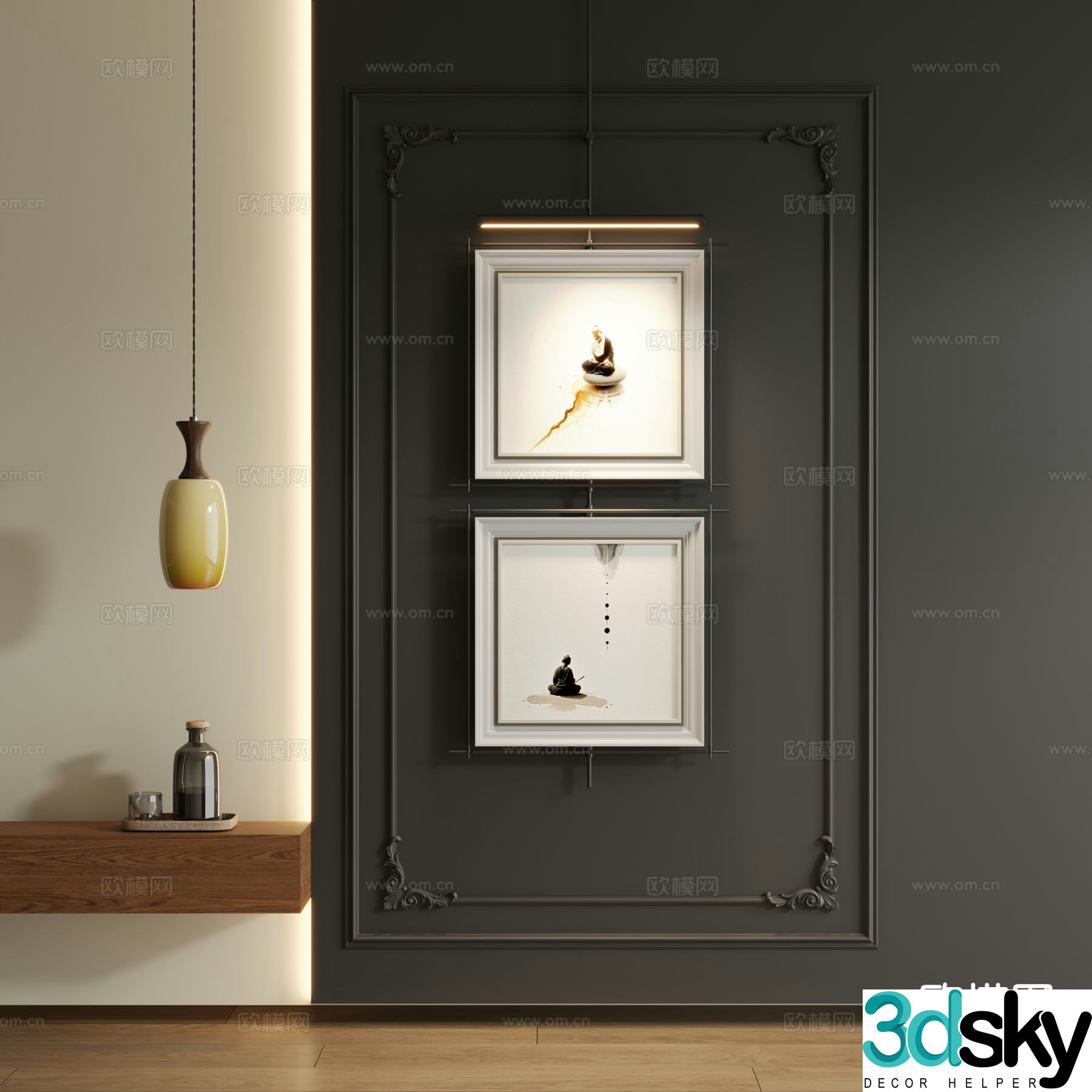 Medieval style decorative painting metal pole hanging painting 3d model