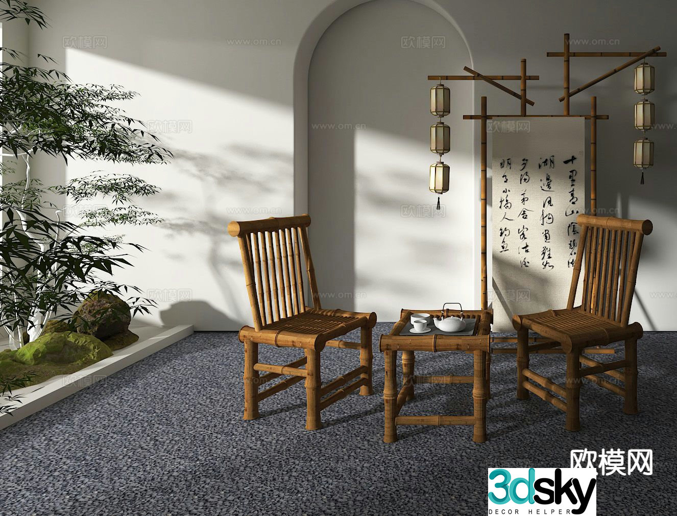 Chinese style leisure tables and chairs bamboo chairs bamboo row tables 3d model