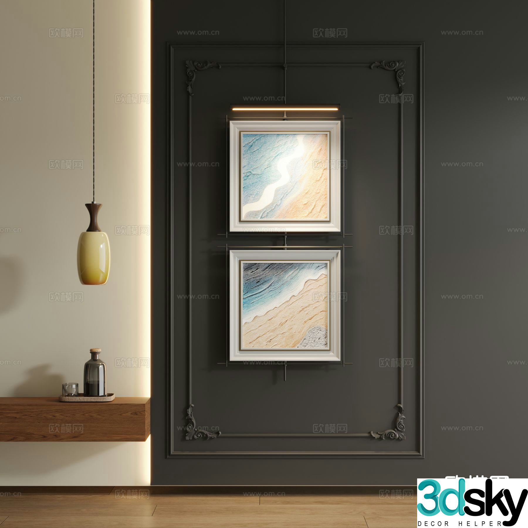 Medieval style decorative painting metal pole hanging painting 3d model