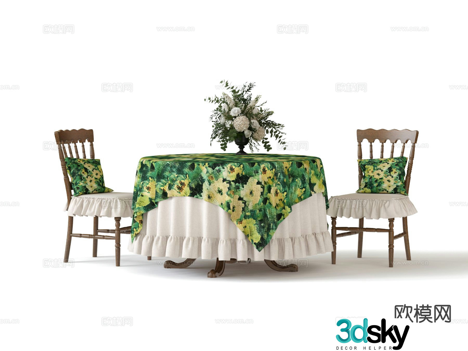 American round dining table and chairs tablecloth 3d model
