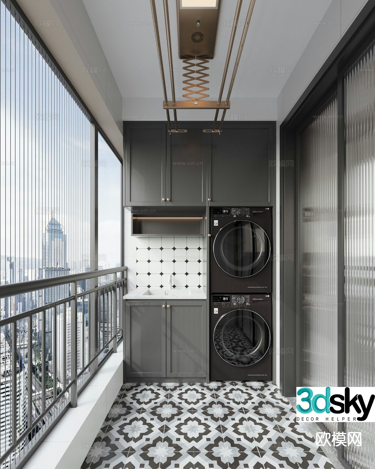 Medieval style living balcony clothes drying room 3D model