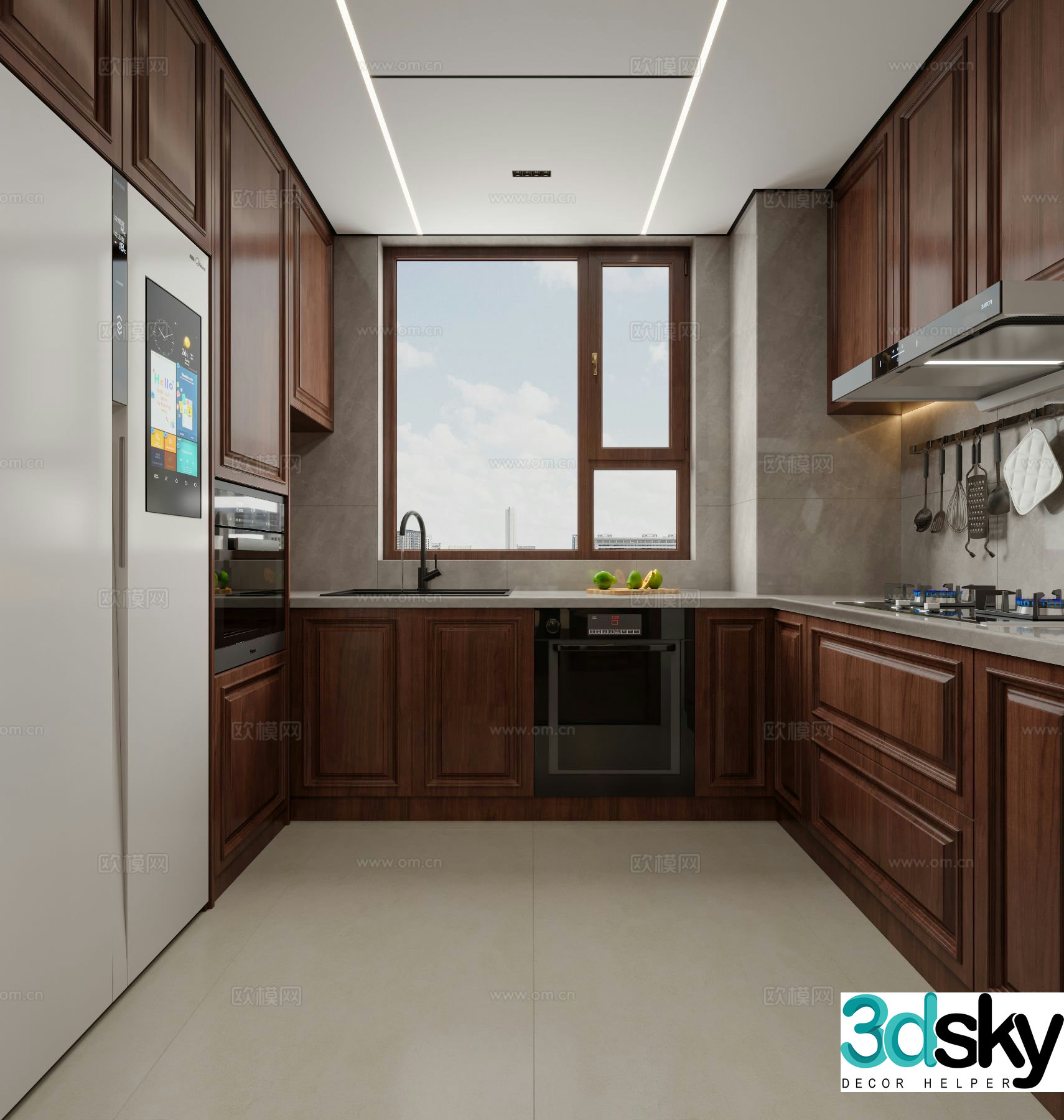 American retro style kitchen U-shaped kitchen 3D model