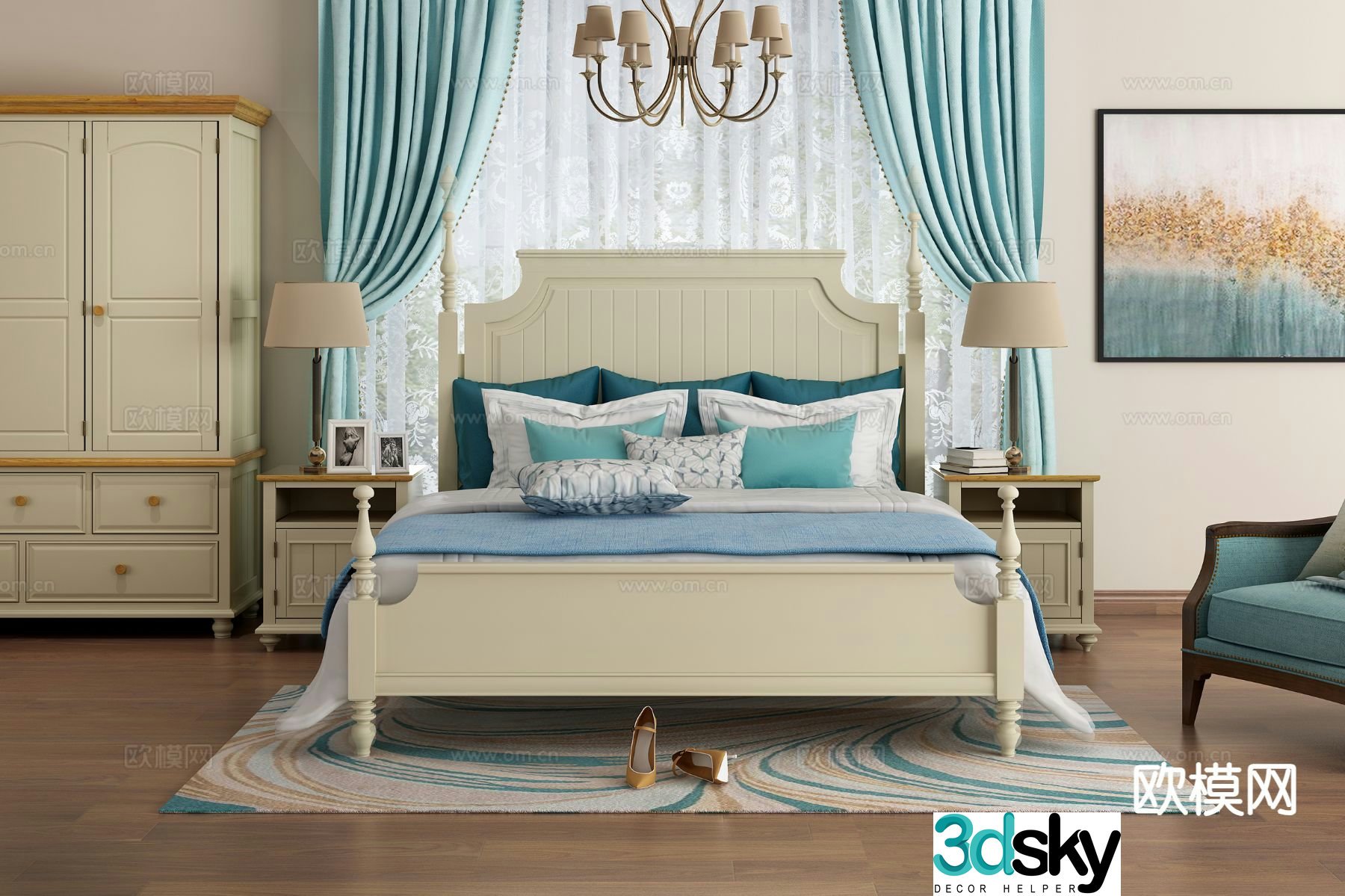 American double bed 3d model