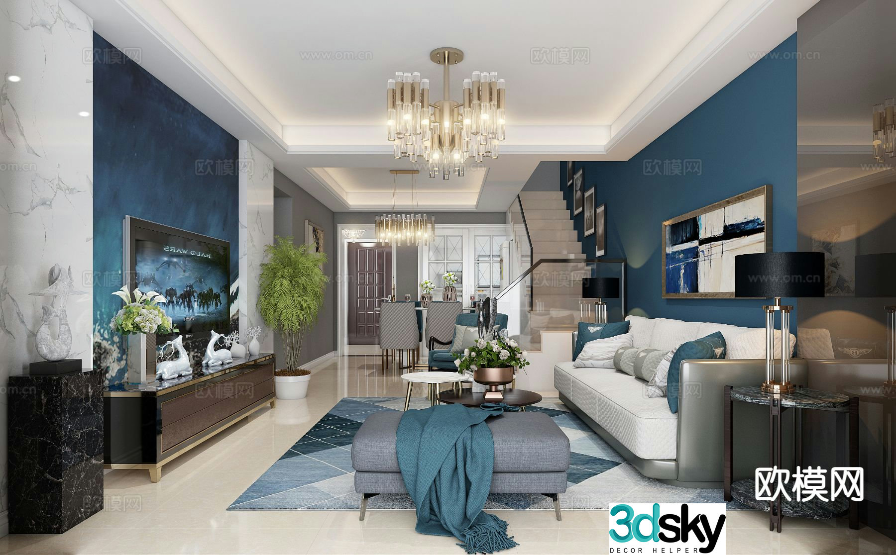 Light luxury guest restaurant duplex living room 3D model