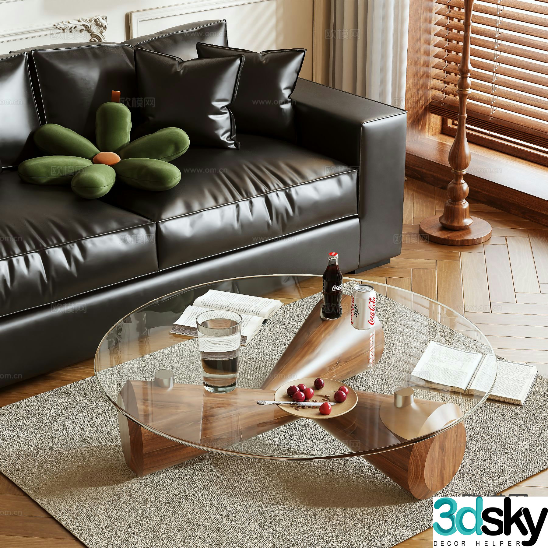 Log style coffee table glass coffee table 3d model