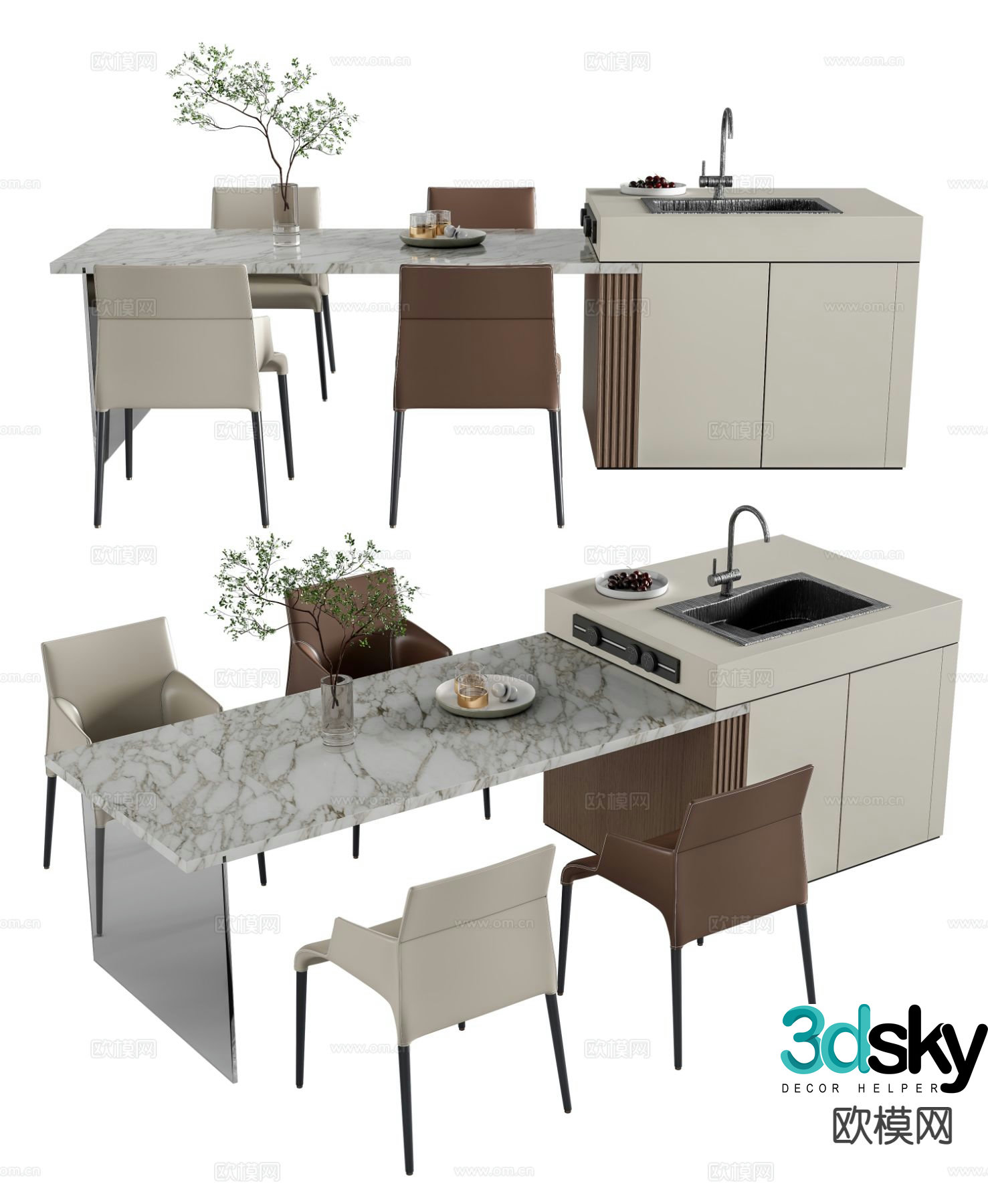 Modern island dining table and chairs 3d model