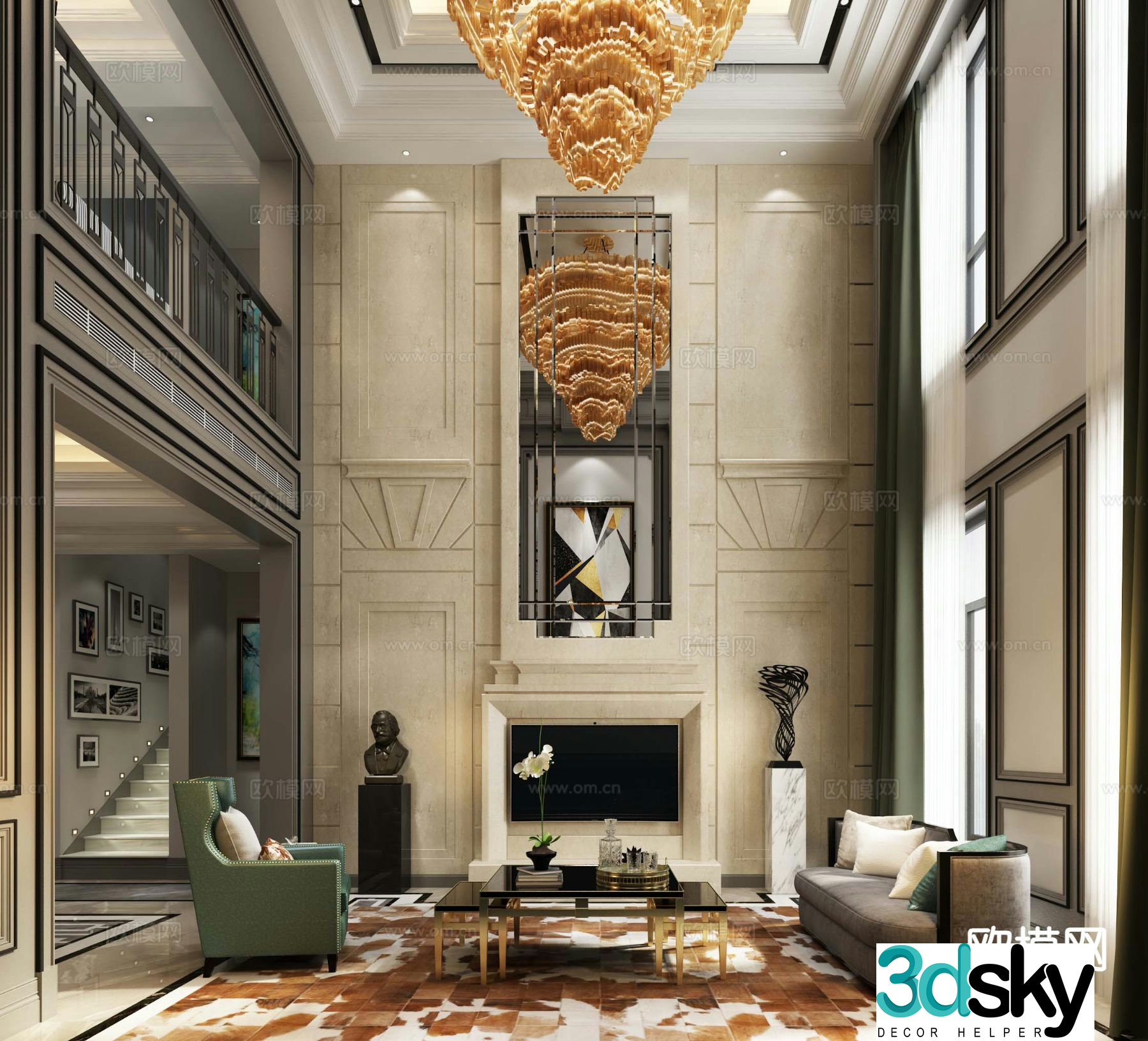 European style villa living room 3d model of villa hall