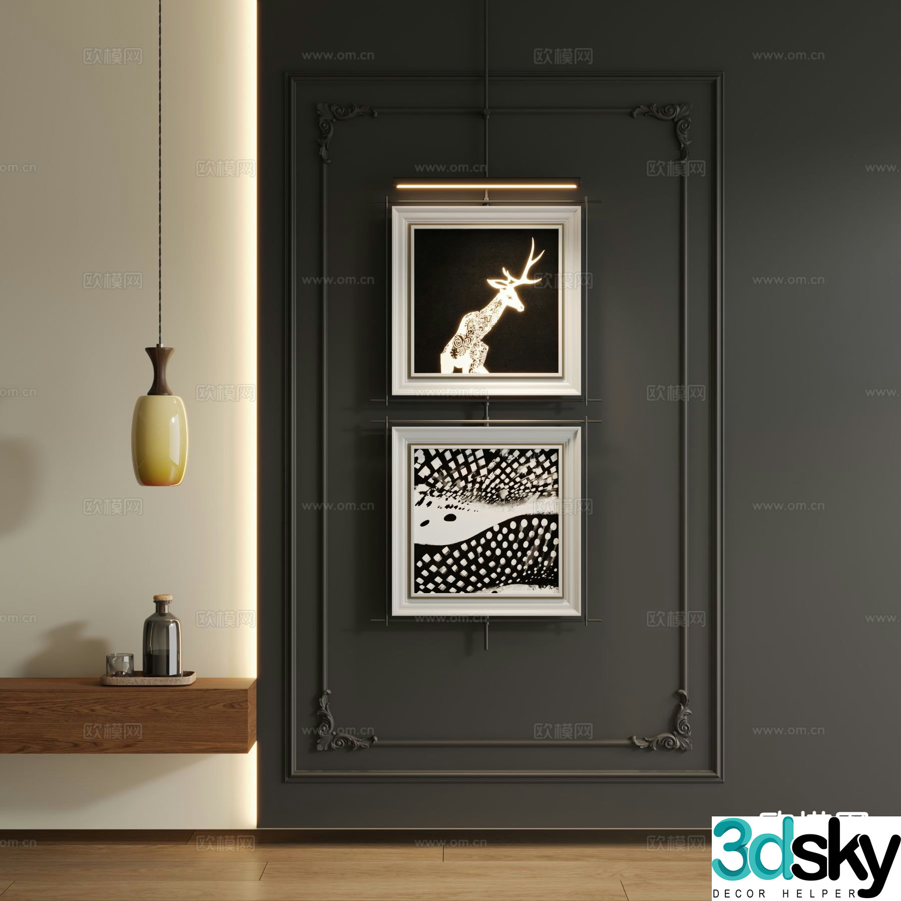 Medieval style decorative painting metal pole hanging painting 3d model