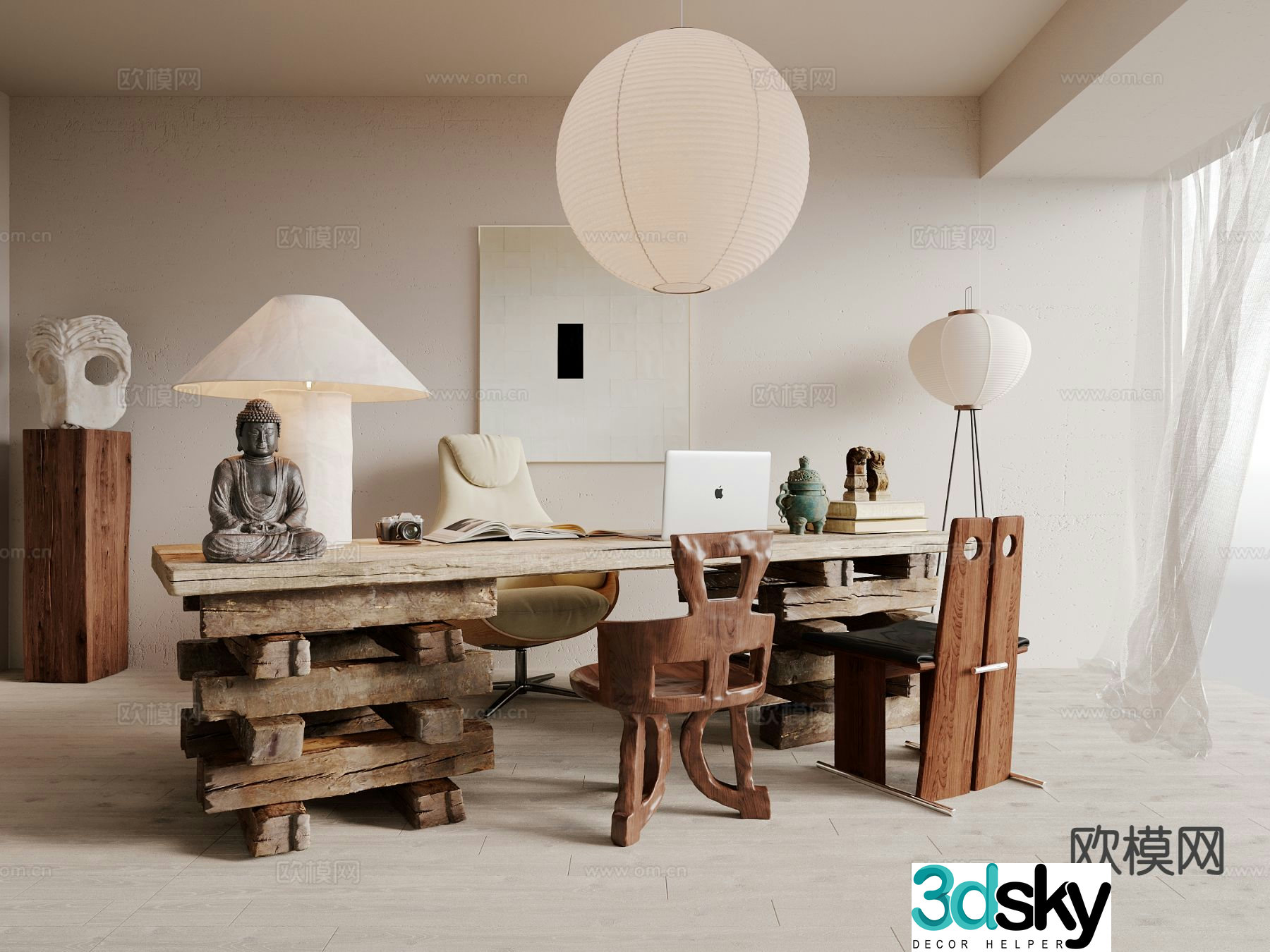 Medieval style old wood desk chair 3d model