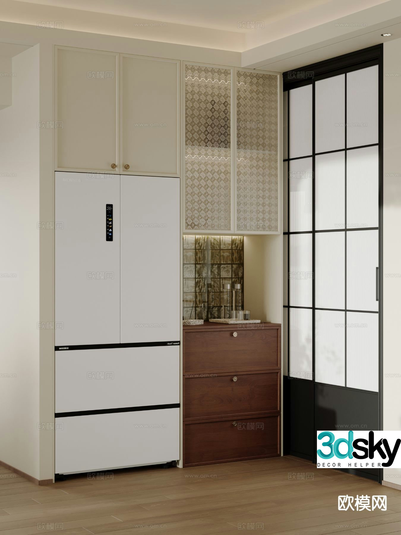 Medieval style sideboard refrigerator cabinet 3d model
