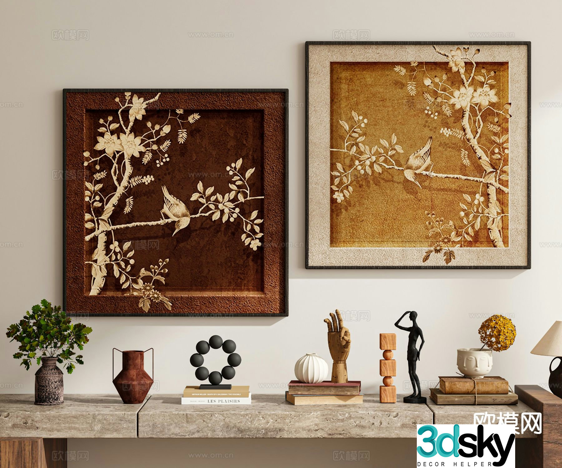 Medieval style hanging painting decorative painting flower and bird painting 3D model