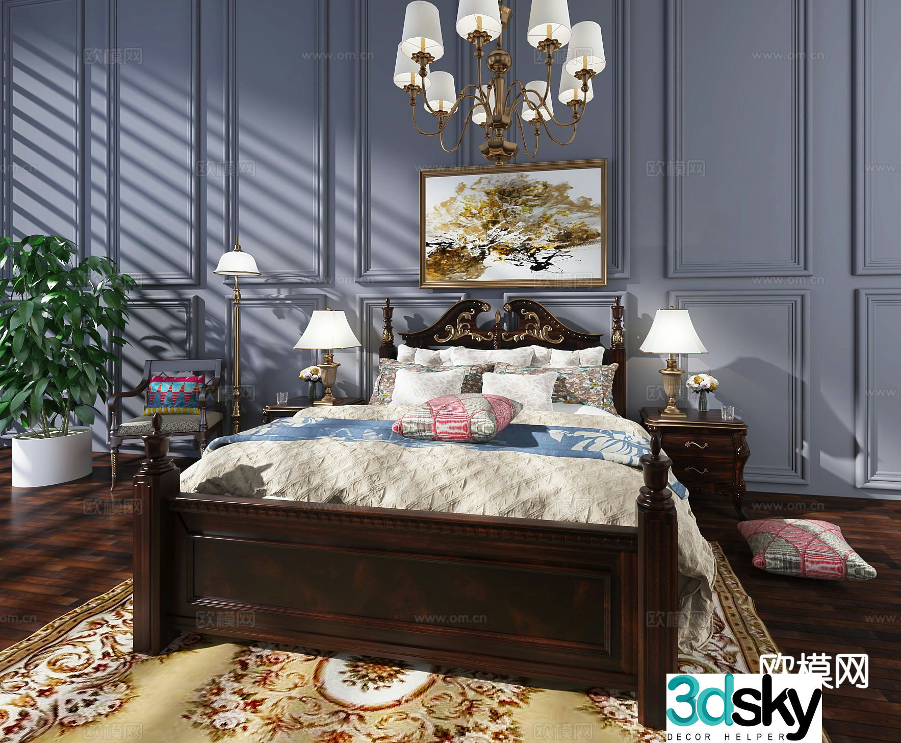 European wooden bed double bed 3d model