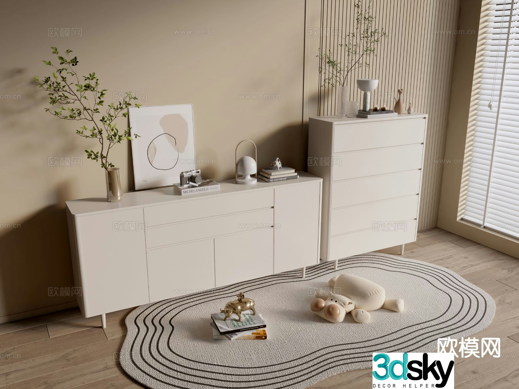 Cream style entrance cabinet side cabinet 3D model