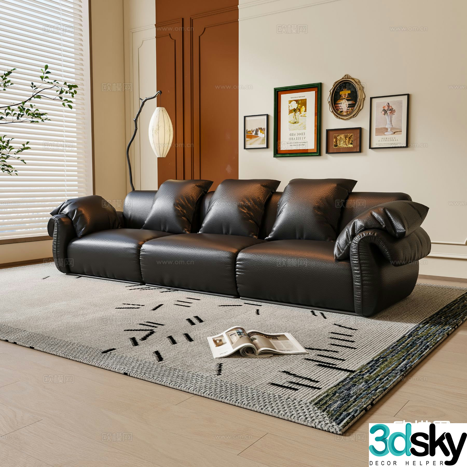 French three-seat sofa leather sofa 3d model