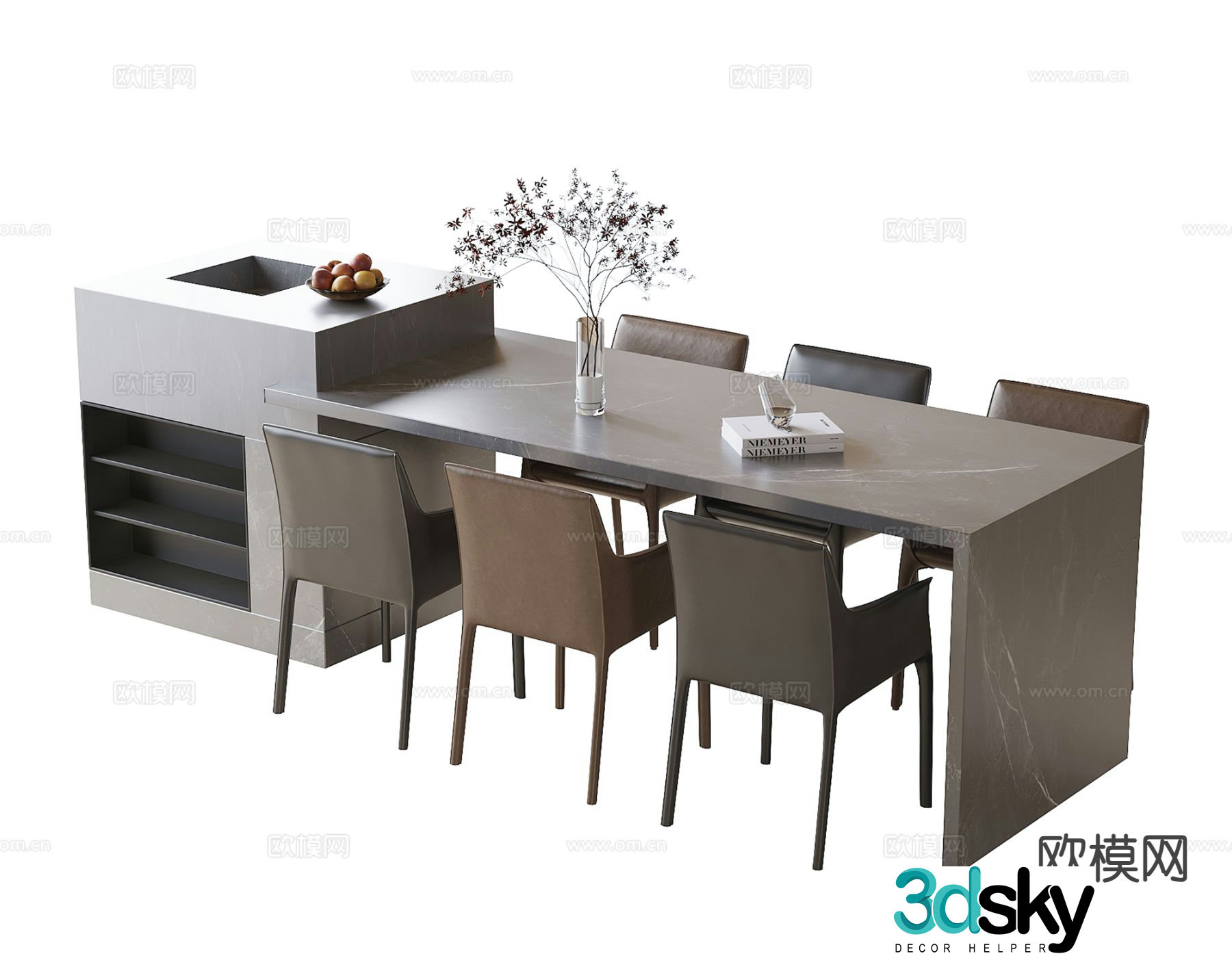Modern island table dining table and chairs 3d model