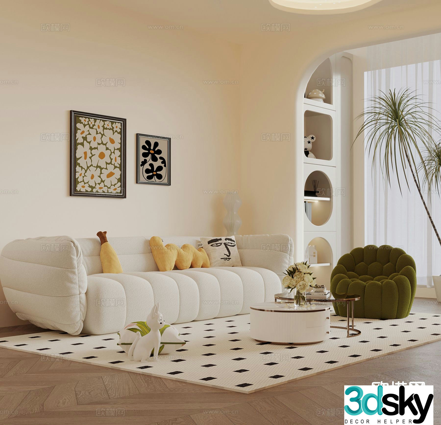 Cream style multi-person sofa upholstered sofa 3d model