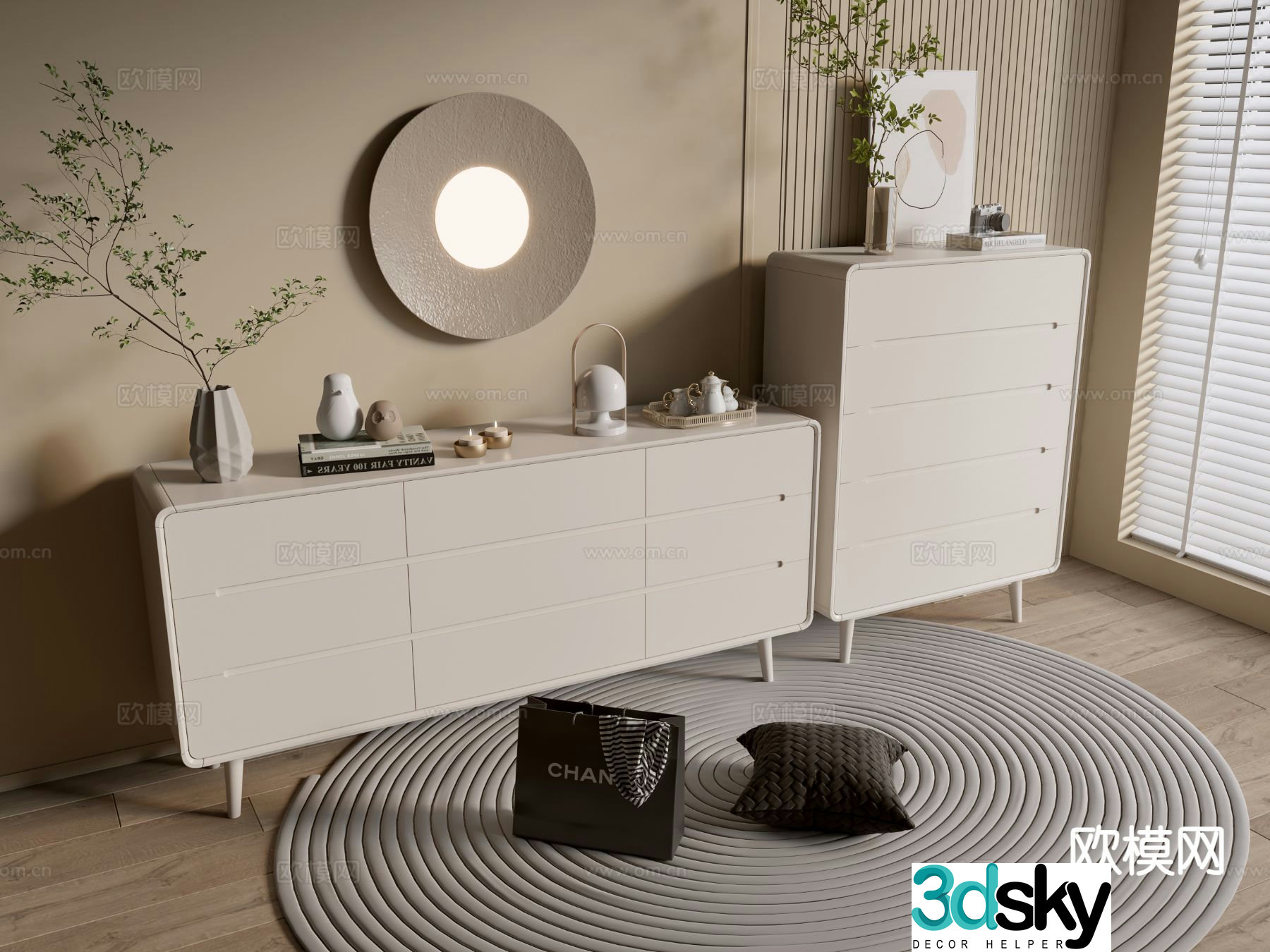 Cream style chest of drawers side cabinet 3d model