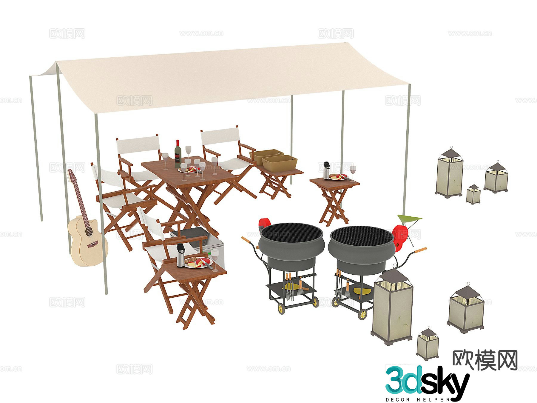 Outdoor tables and chairs camping tables and chairs barbecue grill 3d model