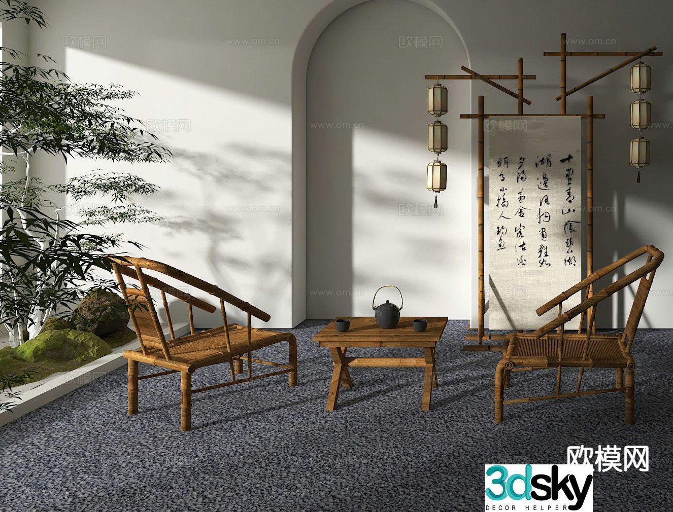Chinese tea table and chair outdoor table and chair bamboo chair bamboo row table 3d model