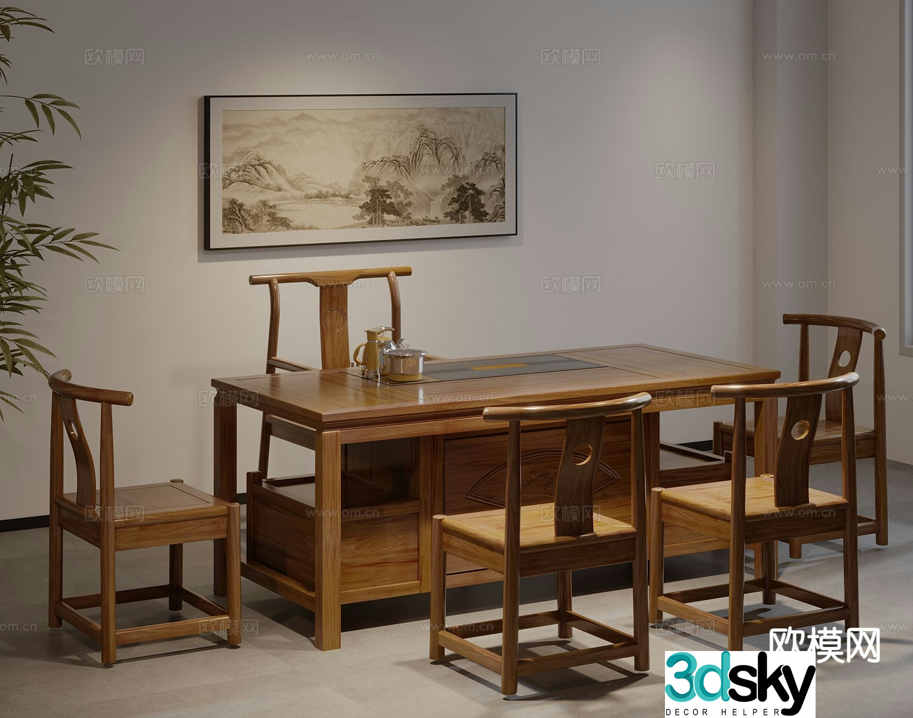New Chinese tea table and chairs 3d model