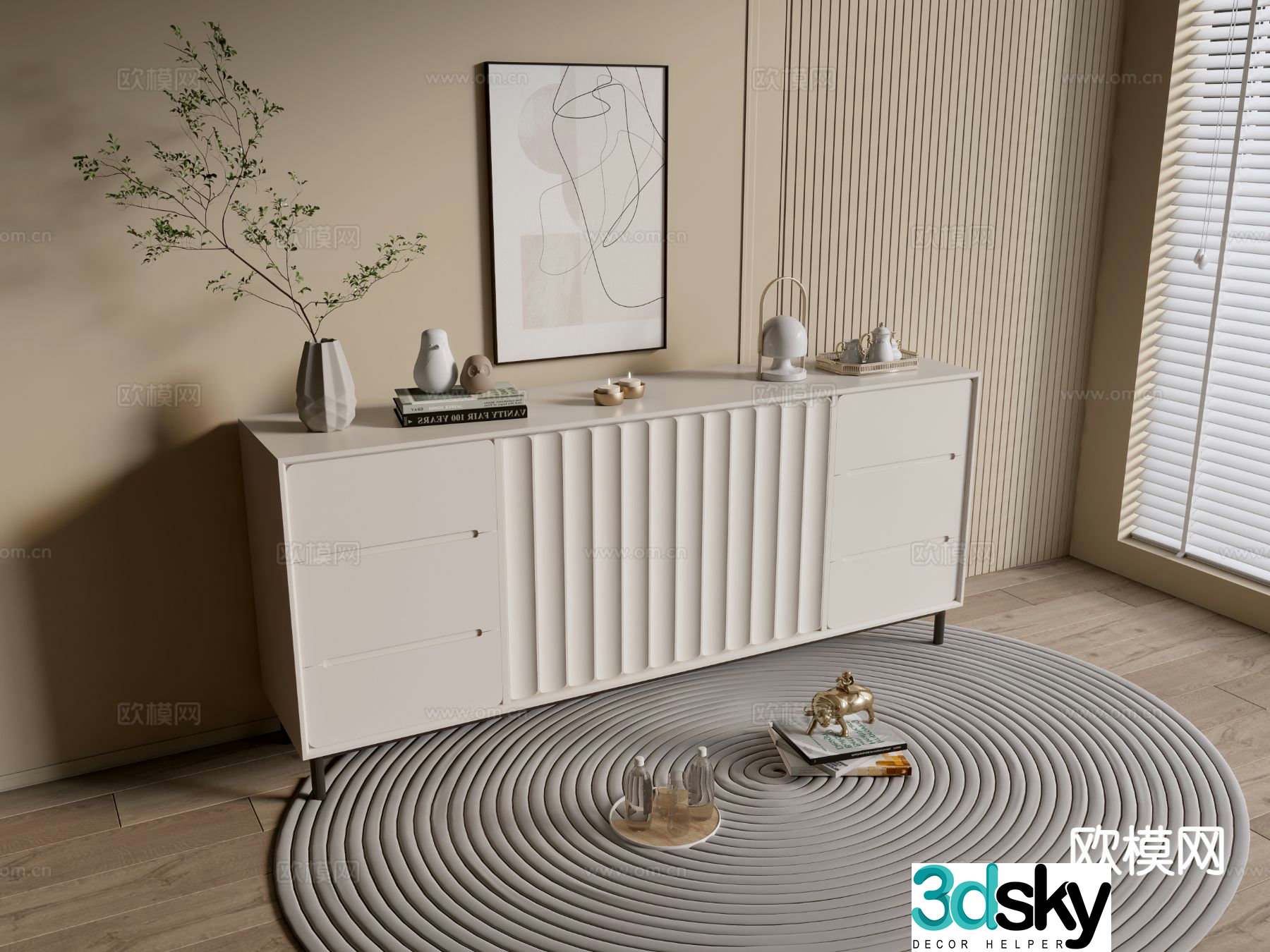 Cream style entrance cabinet side cabinet 3D model