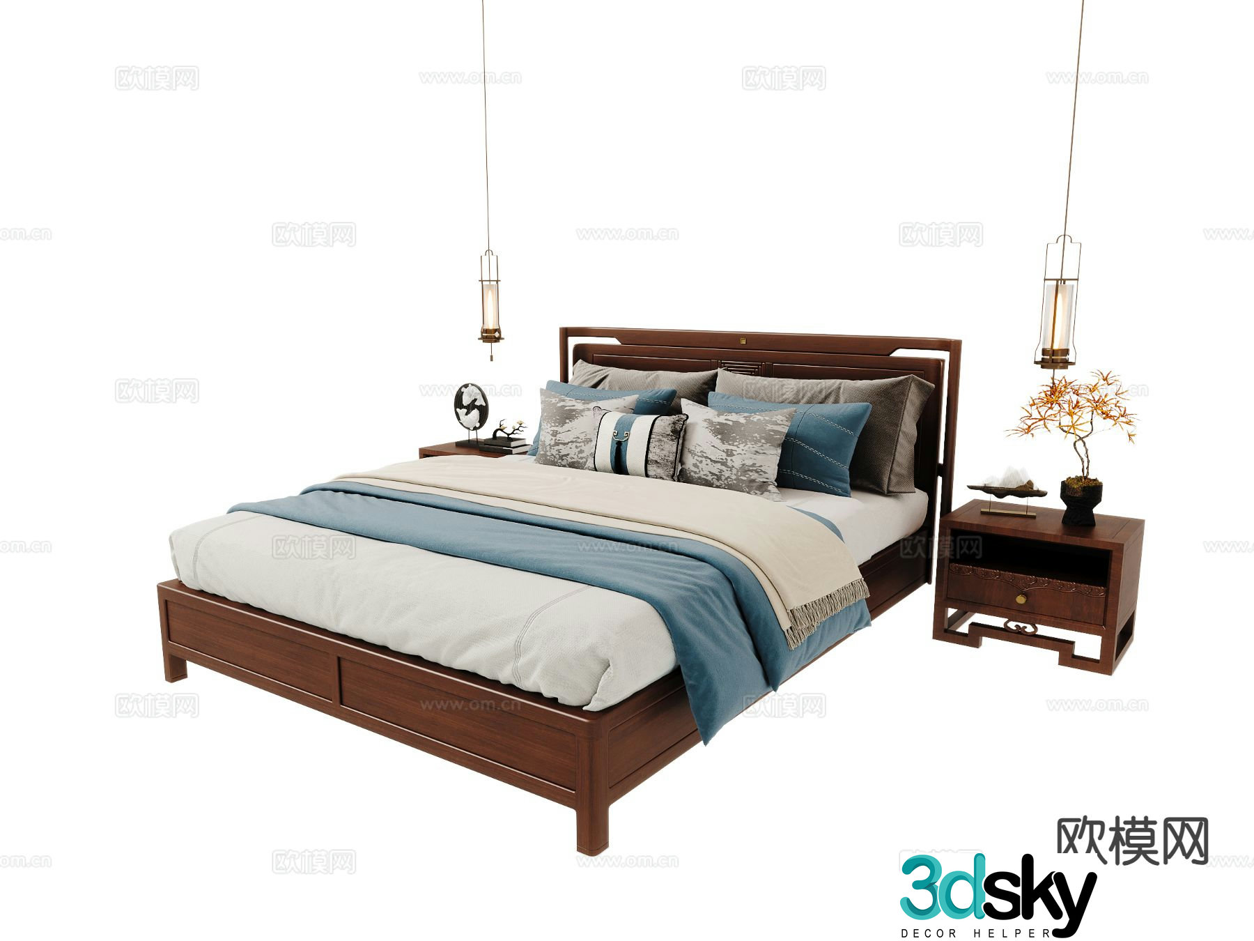 New Chinese style double bed 3d model