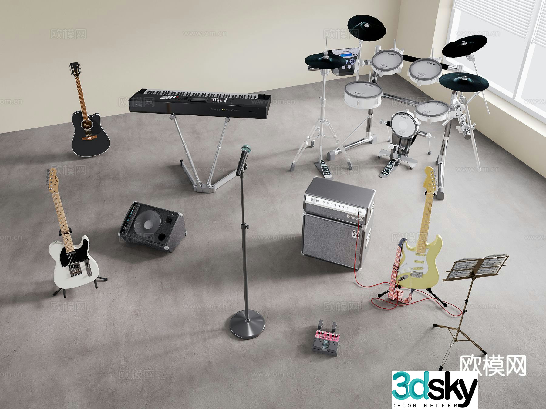 Modern musical instruments electronic keyboard drum set drum set guitar audio 3d model