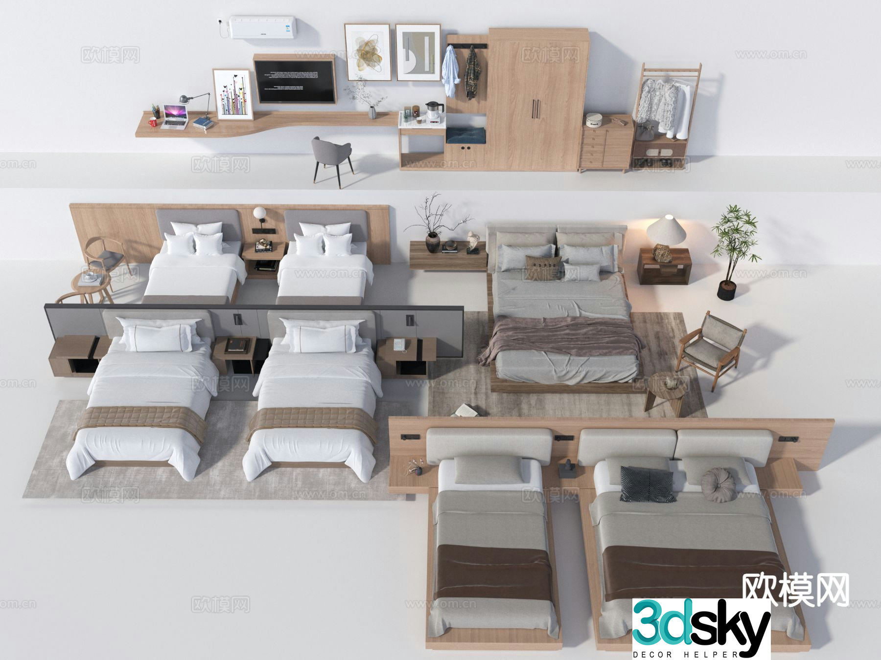 B&B double bed single bed 3d model