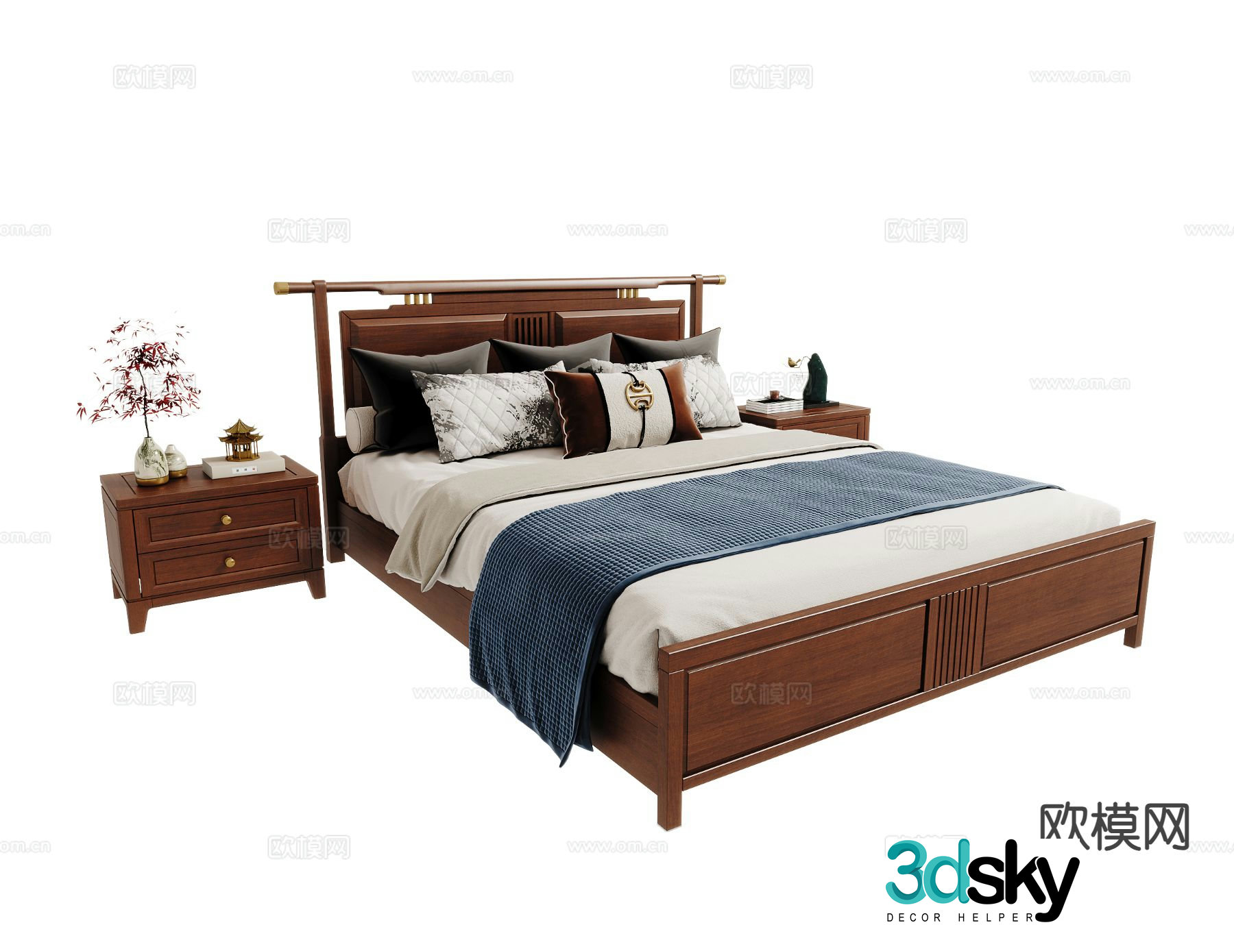 New Chinese style double bed 3d model