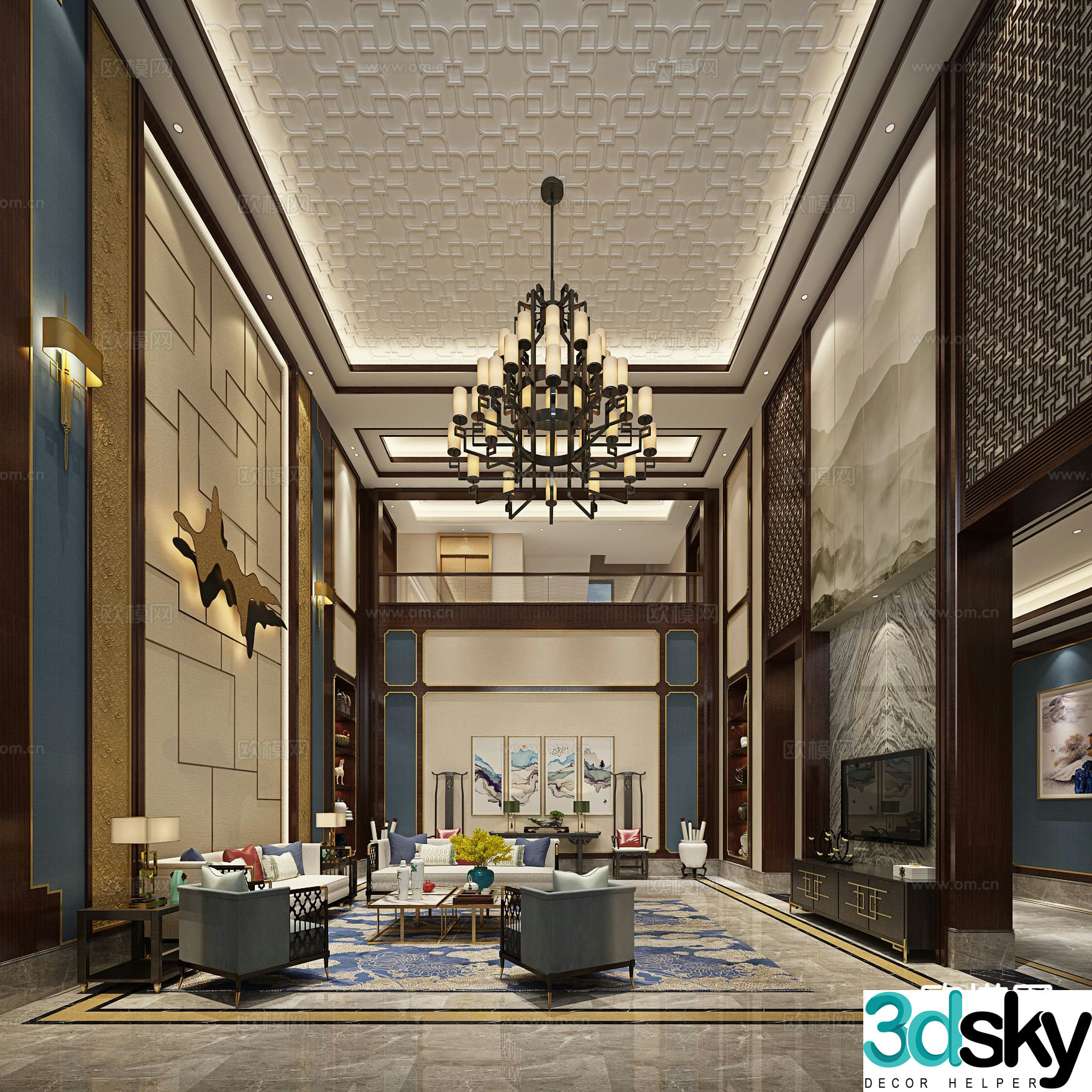 New Chinese style living room villa lobby 3D model