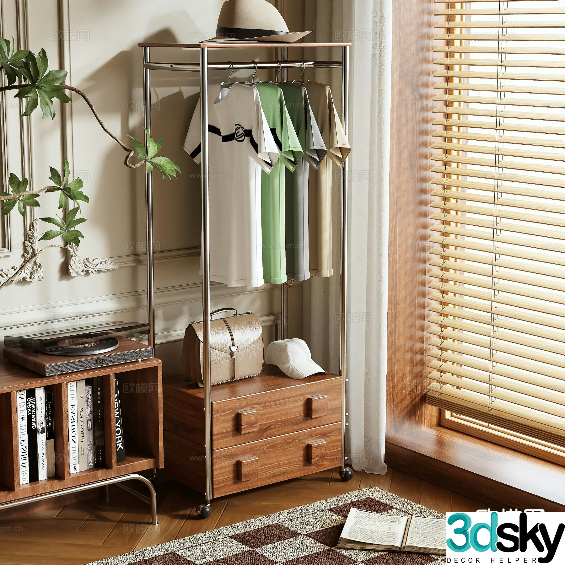 Log style clothes hanger coat rack floor-standing clothes hanger 3D model