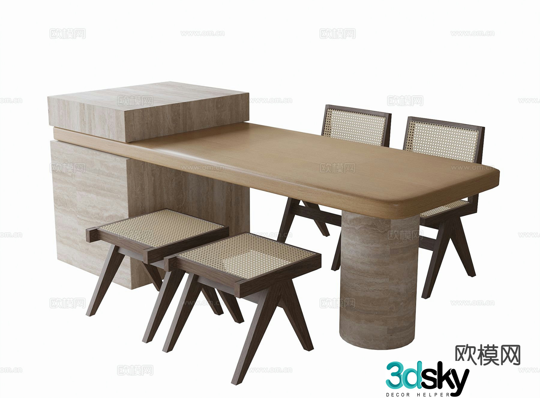 Wabi-sabi island dining table and chairs 3d model