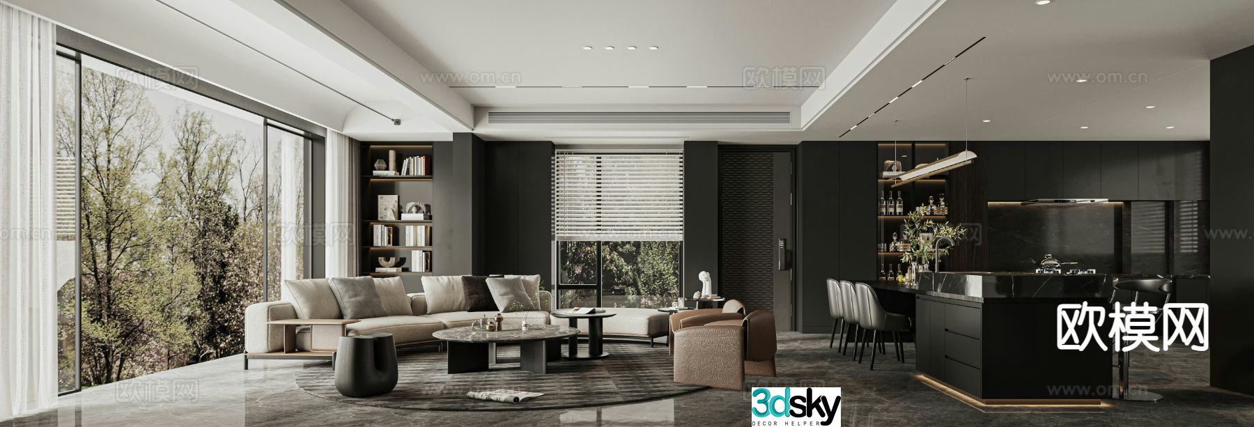Italian light luxury living room large flat floor horizontal hall 3D model
