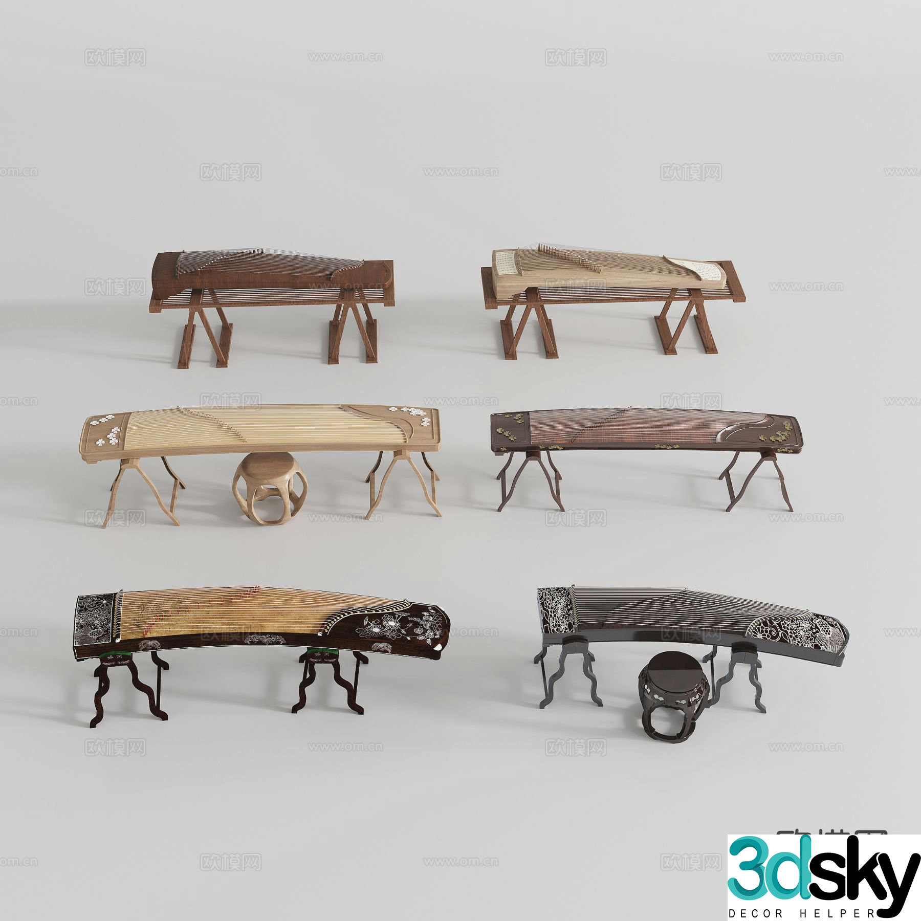 Chinese musical instrument guqin guzheng 3d model